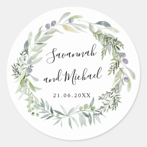 Delicate painted olive and leaves wedding monogram classic round sticker