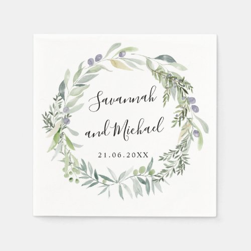 Delicate painted olive and leaves wedding monogram napkins