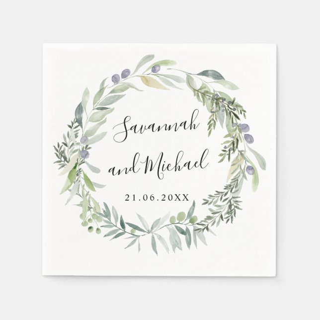 Delicate painted olive and leaves wedding monogram napkins (Front)