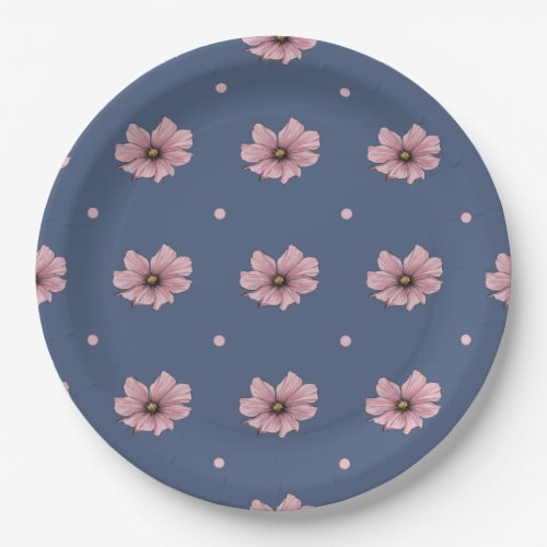 Delicate pale pink flowers polka dots slate blue  paper plates