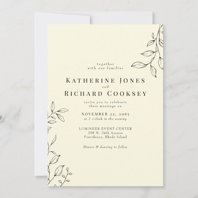 Delicate Pale Yellow Modern Foliage Wedding Invitation (Front)