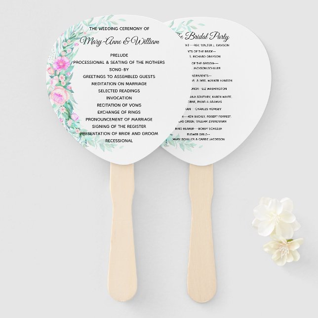 Delicate Pastel Flowers Wedding Program Hand Fan (Front and Back)