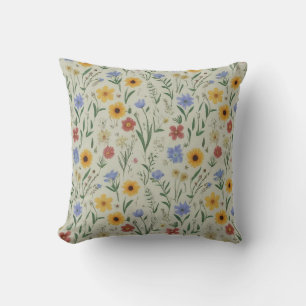 Delicate Pastel Meadow Wildflower Botanical Motif Throw Pillow