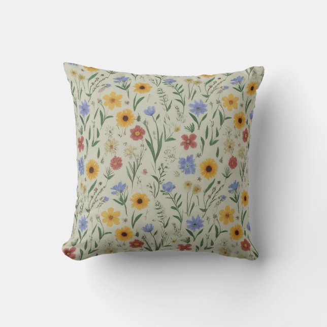 Delicate Pastel Meadow Wildflower Botanical Motif Throw Pillow (Front)