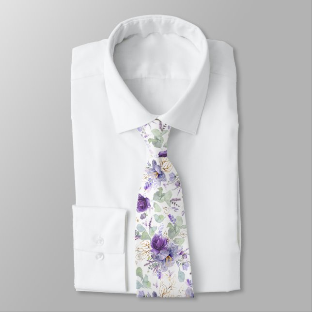 Delicate Pastel Purple Floral Wedding Neck Tie (Tied)