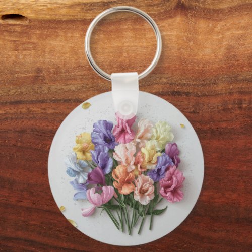 Delicate Pastel Sweet Pea Blossoms Botanical  Keychain