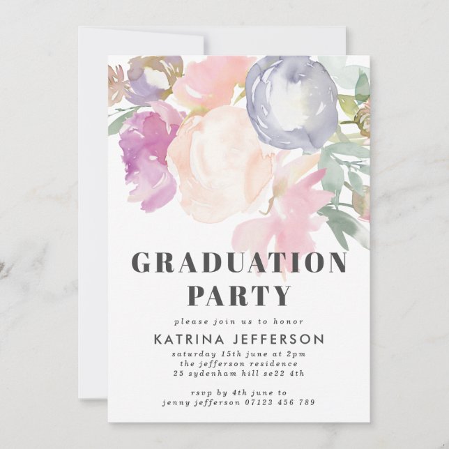 Delicate Pastel Watercolor Floral Graduation Party Invitation (Front)
