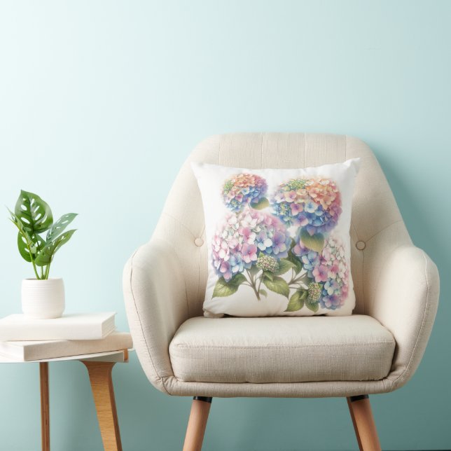 Delicate Pastel Watercolor Hydrangeas Throw Pillow (Chair)