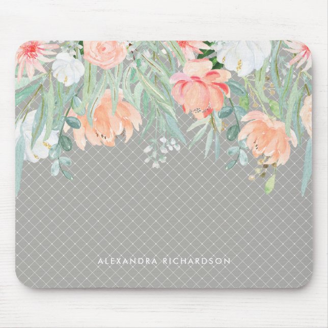 Delicate Peach and Sage Green Watercolor Floral Mouse Pad (Front)