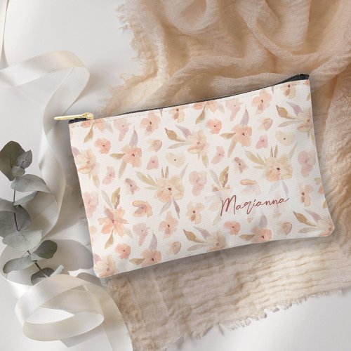 Delicate Peach Color Watercolor Floral Cosmetic Accessory Pouch