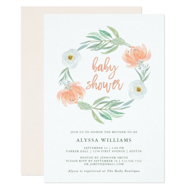 Delicate Peach Floral And Eucalyptus | Baby Shower Invitation