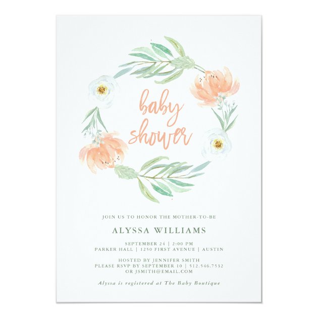 Delicate Peach Floral And Eucalyptus | Baby Shower Invitation