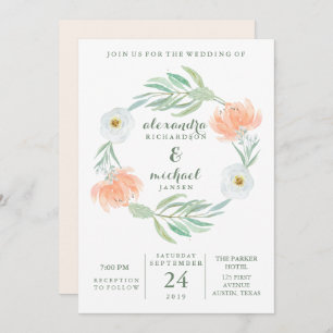 Delicate Peach Floral and Eucalyptus Wedding Invitation