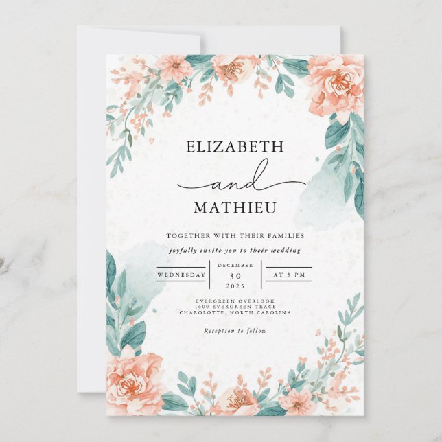 Delicate Peach Watercolor Arch Wedding Invitation (Front)