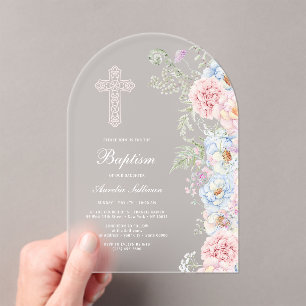 Delicate Peonies Arch Baptism Acrylic Invitations