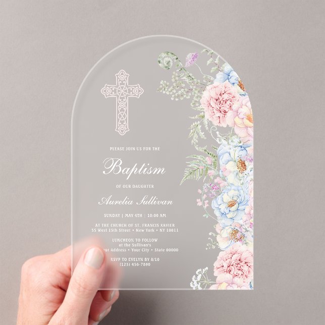 Delicate Peonies Arch Baptism Acrylic Invitations (Insitu (Handheld))