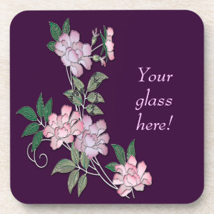 Delicate peonies elegant floral pattern with text drink coaster
