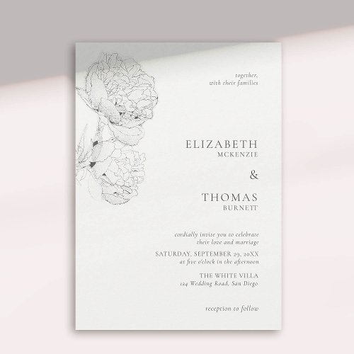 Delicate Peonies Ink Ivory White Elegant Wedding Invitation