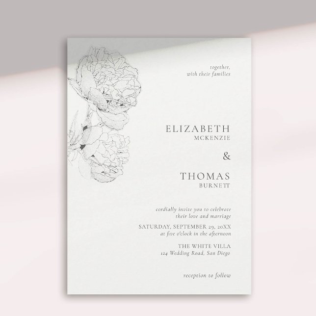 Delicate Peonies Ink Ivory White Elegant Wedding Invitation (peony wedding invitation large blooms ink sketch ivory white formal elegant modern classic)