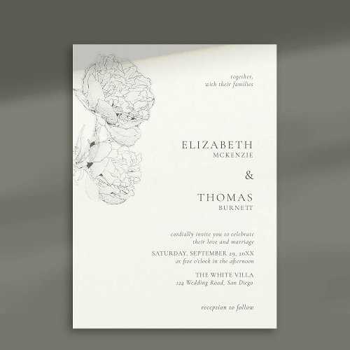 Delicate Peonies Ink Pearl White Elegant Wedding Invitation