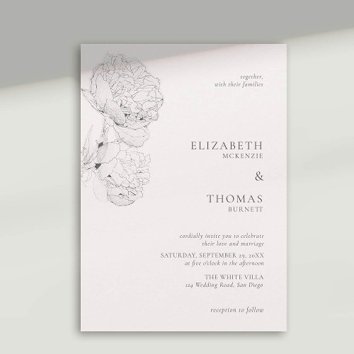 Delicate Peonies Ink Soft Pink Elegant Wedding Invitation