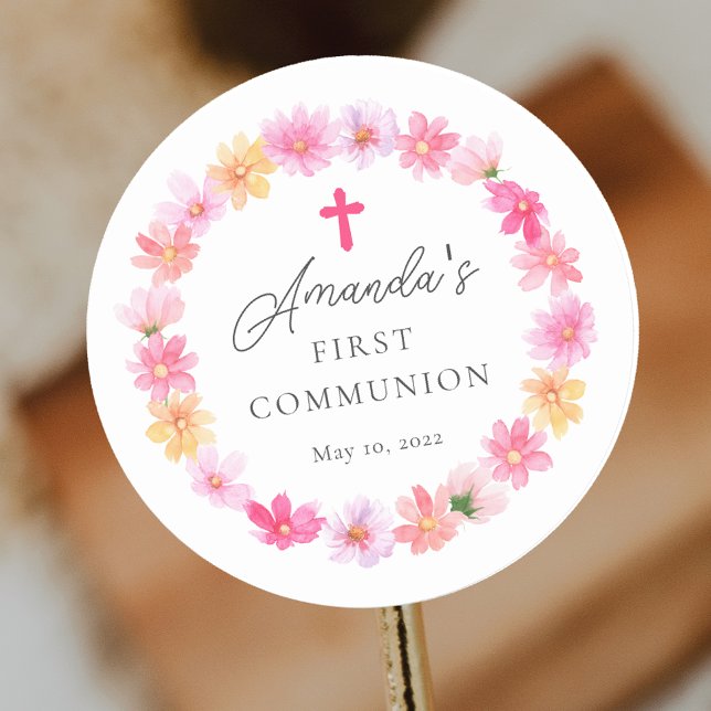 Delicate Petals First Holy Communion  Classic Round Sticker (Creator Uploaded)