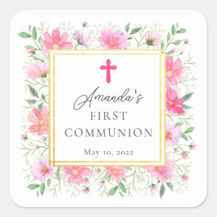 Delicate Petals First Holy Communion Square Sticker