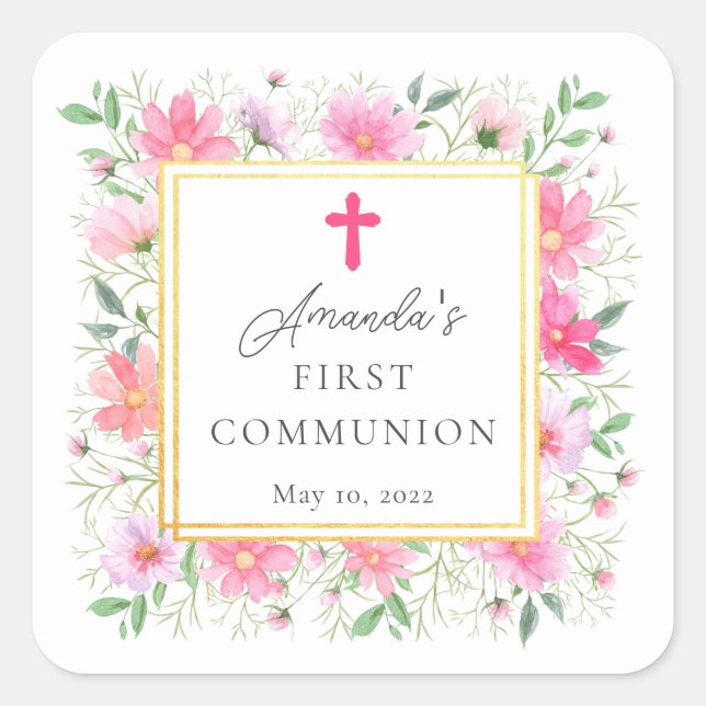 Delicate Petals First Holy Communion  Square Sticker (Front)