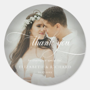 Delicate Photo Script Thank You Wedding Classic Round Sticker