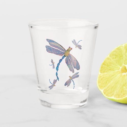 Delicate Pink and Blue Flight of Dragonflies Shot Glass