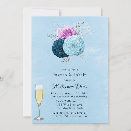Delicate Pink and Blue Peony Brunch  Bubbly Invitation