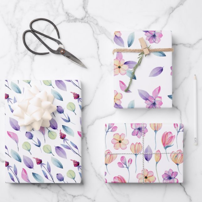 Delicate Pink and Purple Florals Wrapping Paper Sheets (Front)