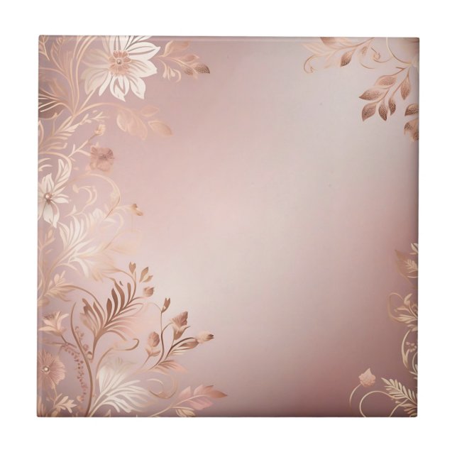 Delicate Pink and Rose Gold Floral Ceramic Tile (Front)
