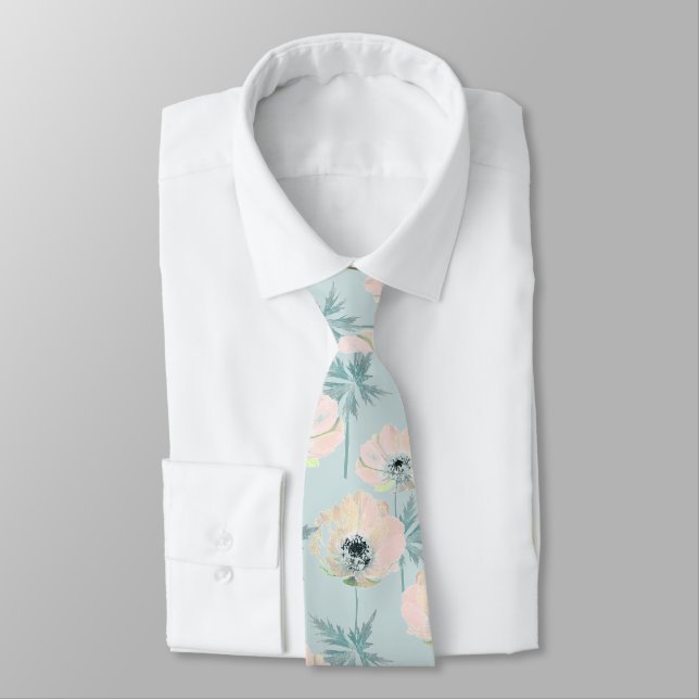 Delicate pink anemones . neck tie (Tied)