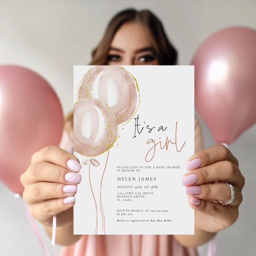 Delicate Pink BalloonGirl Elegant Baby Shower Invitation