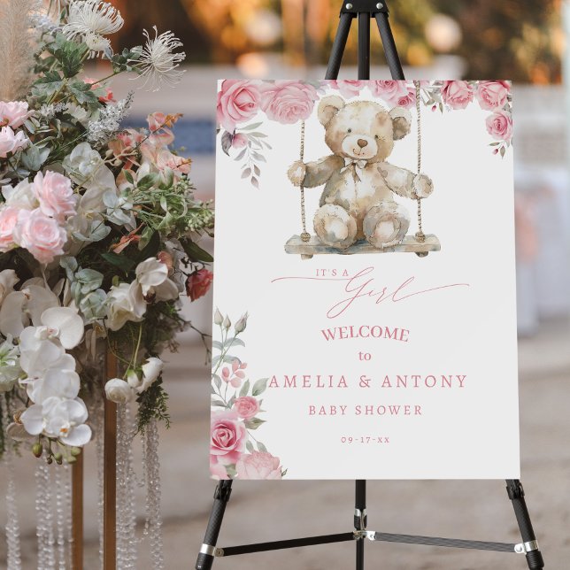 Delicate Pink Bear Its a Girl Floral Baby Welcome Foam Board (Creator Uploaded)