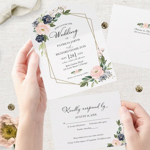 Delicate Pink Blue Floral Geometric Wedding All In One Invitation