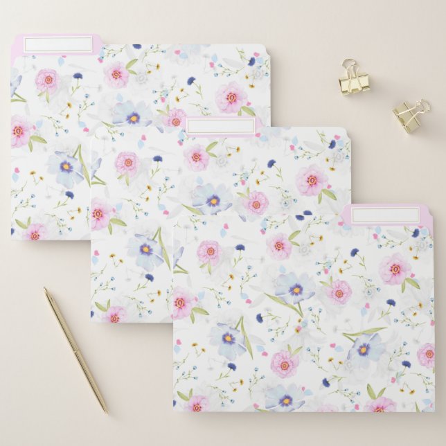 Delicate Pink & Blue Flowers Decorative File Folder (Set)