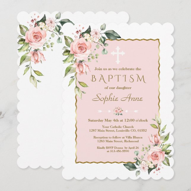 Delicate Pink Blush Flowers Cross Gold Baptism Invitation (Front/Back)