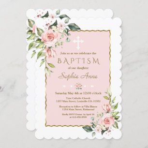 Delicate Pink Blush Flowers Cross Gold Baptism Invitation