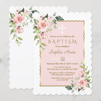 Delicate Pink Blush Flowers Cross Gold Baptism Invitation