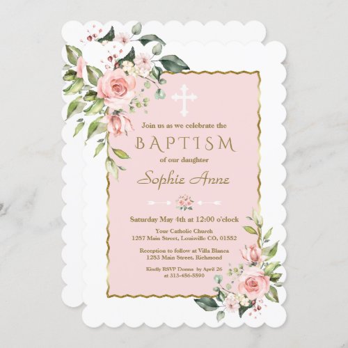 Delicate Pink Blush Flowers Cross Gold Baptism Invitation