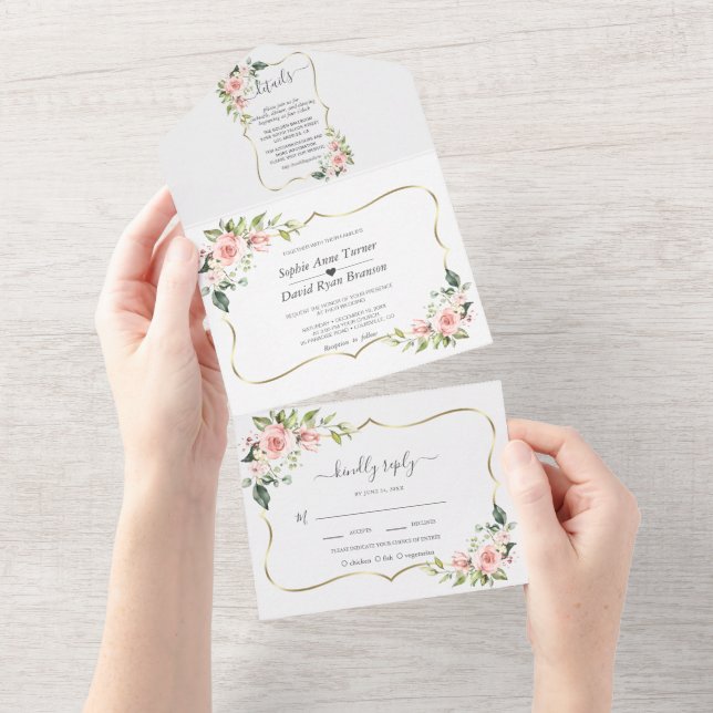Delicate Pink Blush Flowers Gold Frame All In One Invitation (Tearaway)