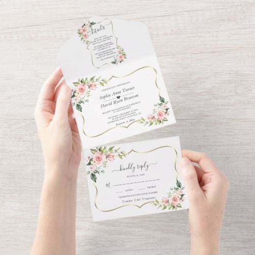 Delicate Pink Blush Flowers Gold Frame All In One Invitation