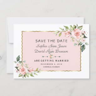Delicate Pink Blush Flowers Gold Frame Wedding Save The Date