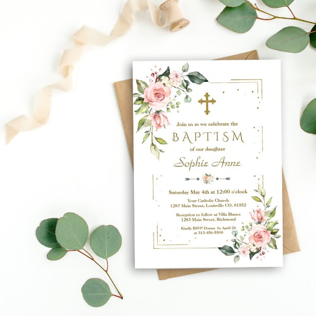 Delicate Pink Blush Flowers Gold Glitter Baptism Invitation (baptism pink flowers gold confetti, trendy rose gold baptism invitation, modern gold floral invite)