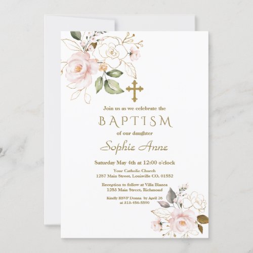 Delicate Pink Blush Gold Flowers Cross Baptism Invitation