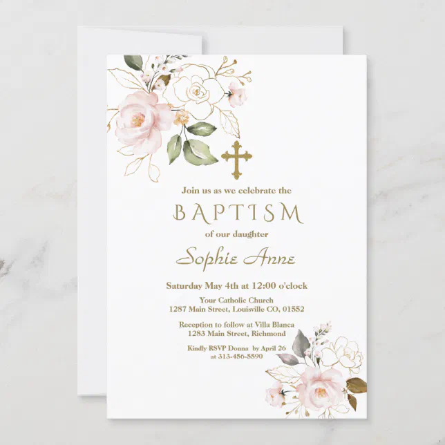 Delicate Pink Blush Gold Flowers Cross Baptism Invitation | Zazzle