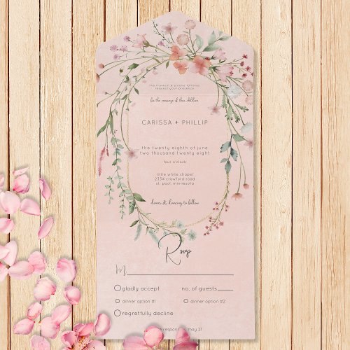 Delicate Pink Blush Rustic Wildflowers Dinner All In One Invitation
