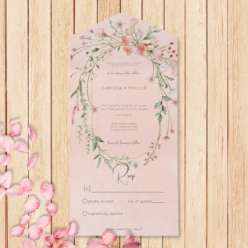 Delicate Pink Blush Rustic Wildflowers No Dinner All In One Invitation
